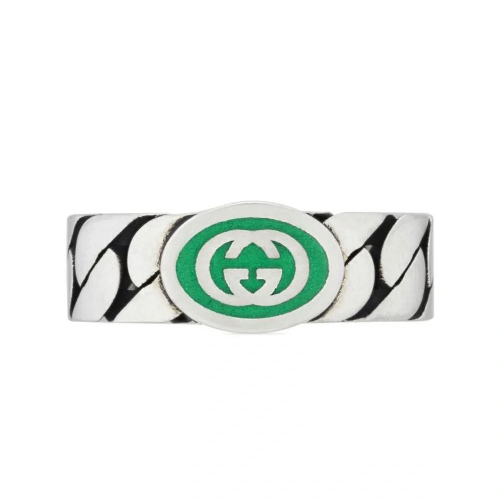 NWT Gucci Interlocking G Green Enamel Sterling Silver Ring Designer Size:20